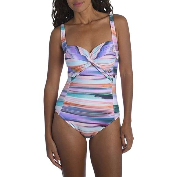 LA BLANCA Multi Ocean Tides Twist Front Sweetheart Moulded Cup Swimsuit - Picture 1 of 8